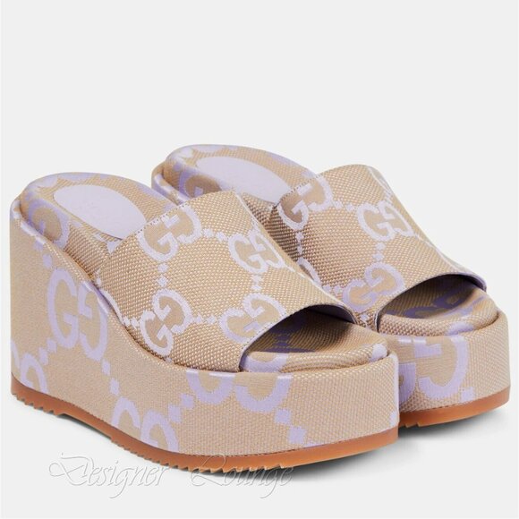 NEW GUCCI Macro GG Beige Monogram Canvas Platform Wedges Size EU 38.5 US 8.5 - Picture 2 of 13